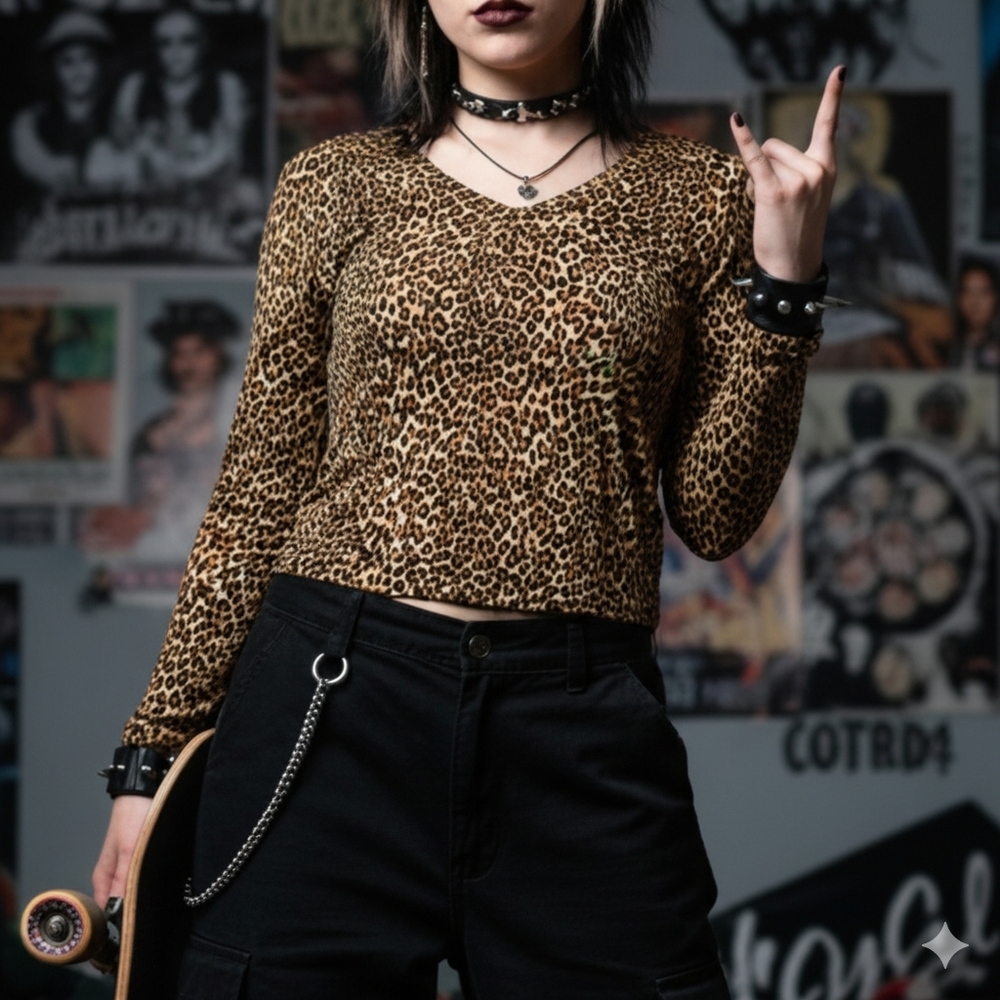 Vintage 90s Y2K Leopard Print Long Sleeve Top Lejay Sport Slinky Acetate Spandex